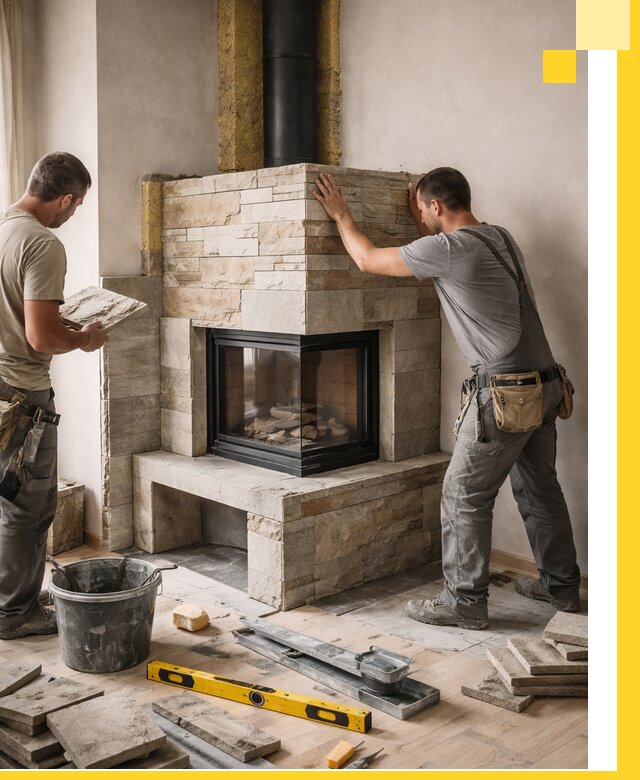 Угловые камины под ключ проект, монтаж и отделка в Ревде