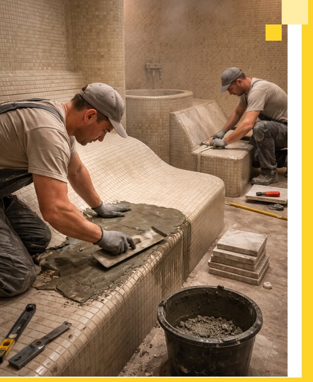 Лежаки для хамама под ключ в Ревде, проект и монтаж