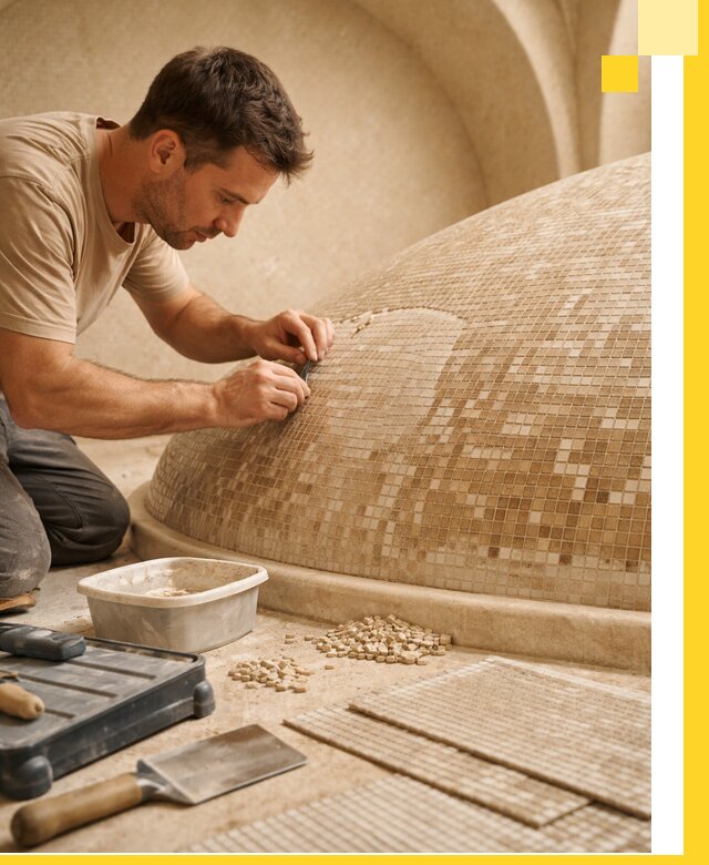 Профессиональная укладка мозаики для хамама под ключ в Ревде